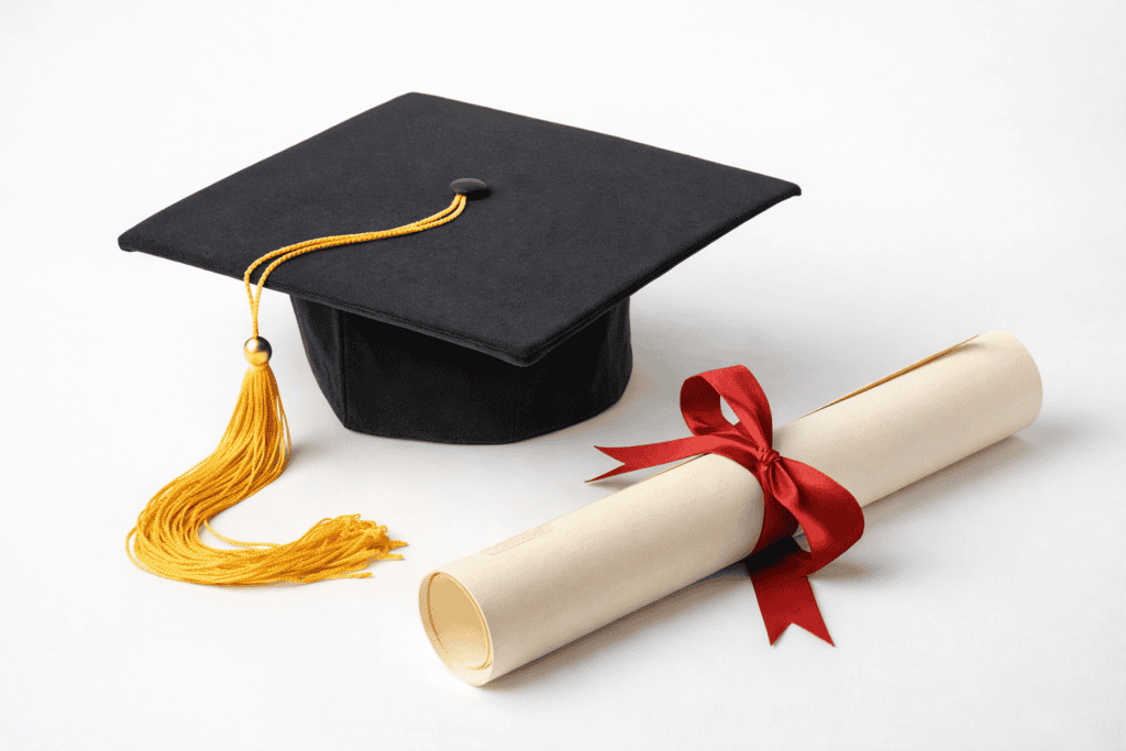 Diplôme et chapeau de graduation symbolisant la réussite d’un examen