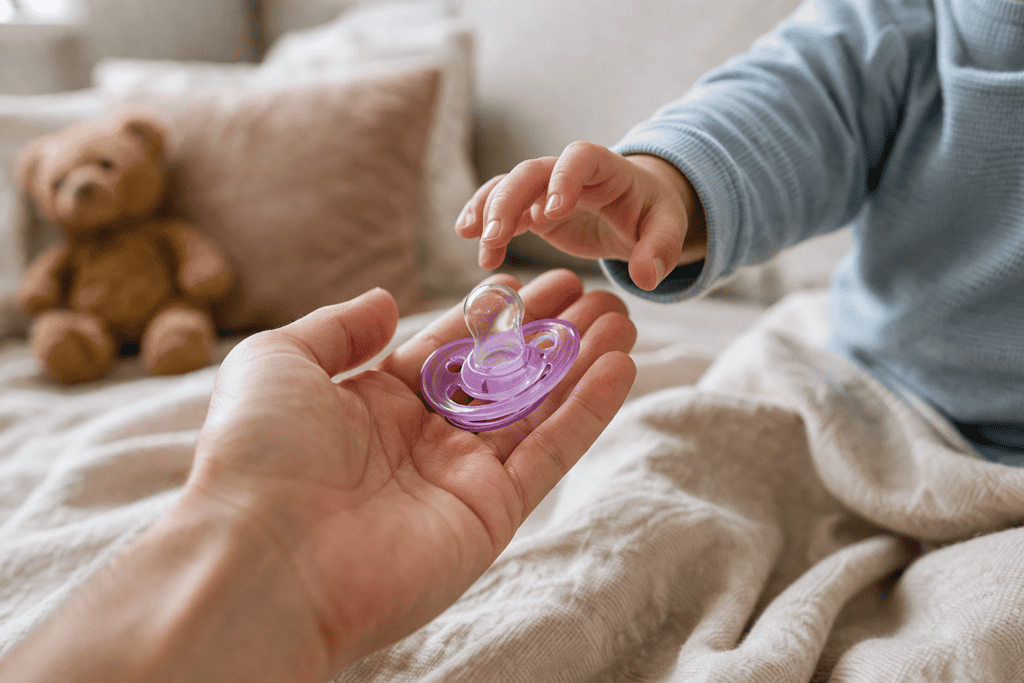 Baby hand holding a pacifier, emphasizing infant comfort and care in a cozy home setting.